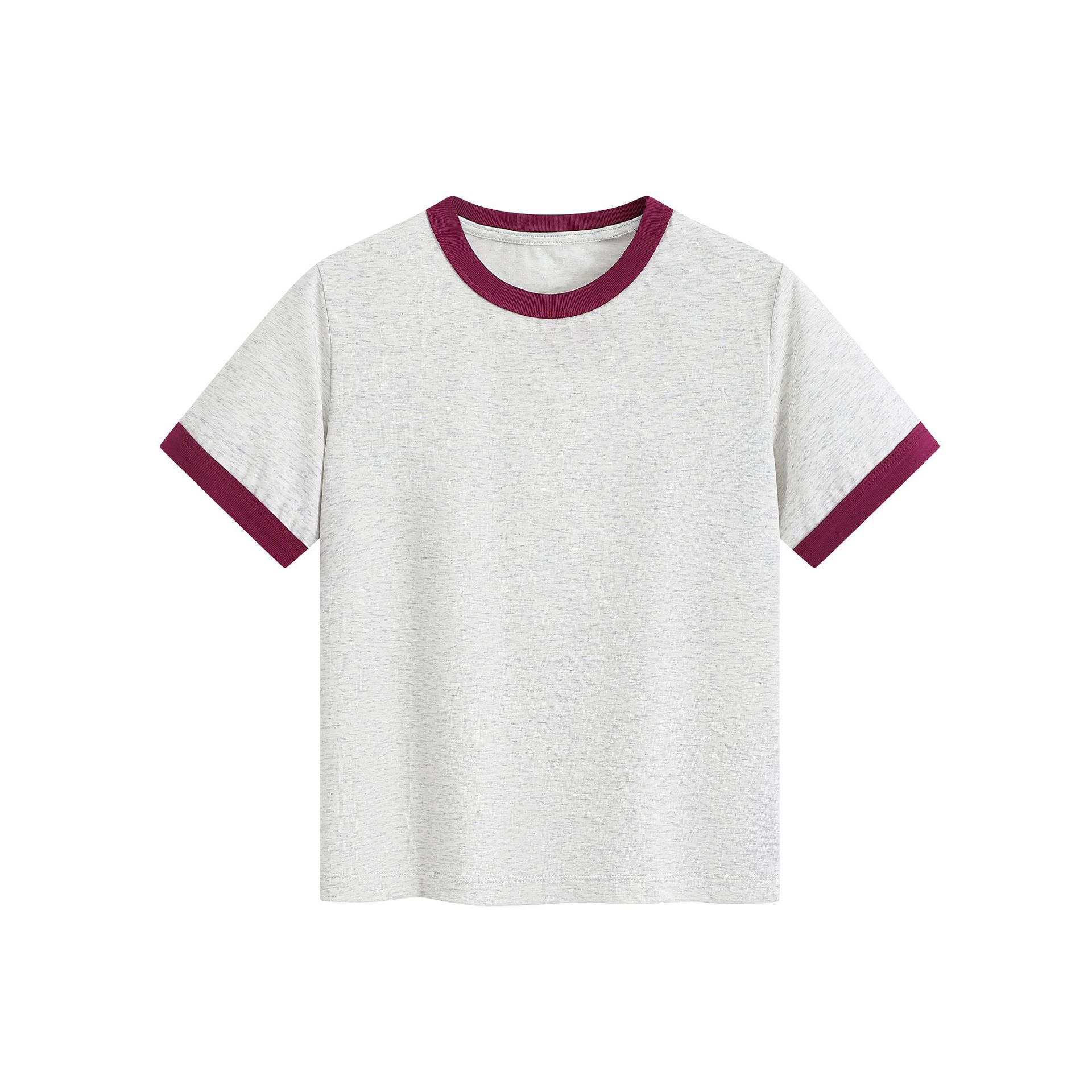 Creative 260g Heavyweight Women's T-shirt Contrast Color Stitching Shoulder Print Short Top for Trendy Pink Summer Look