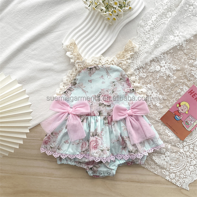 Low MOQ Custom Pattern Manufacturer Floral Cotton Romper Lovely Summer Infant Toddler Children Clothes Ruffle Girls Kids Romper