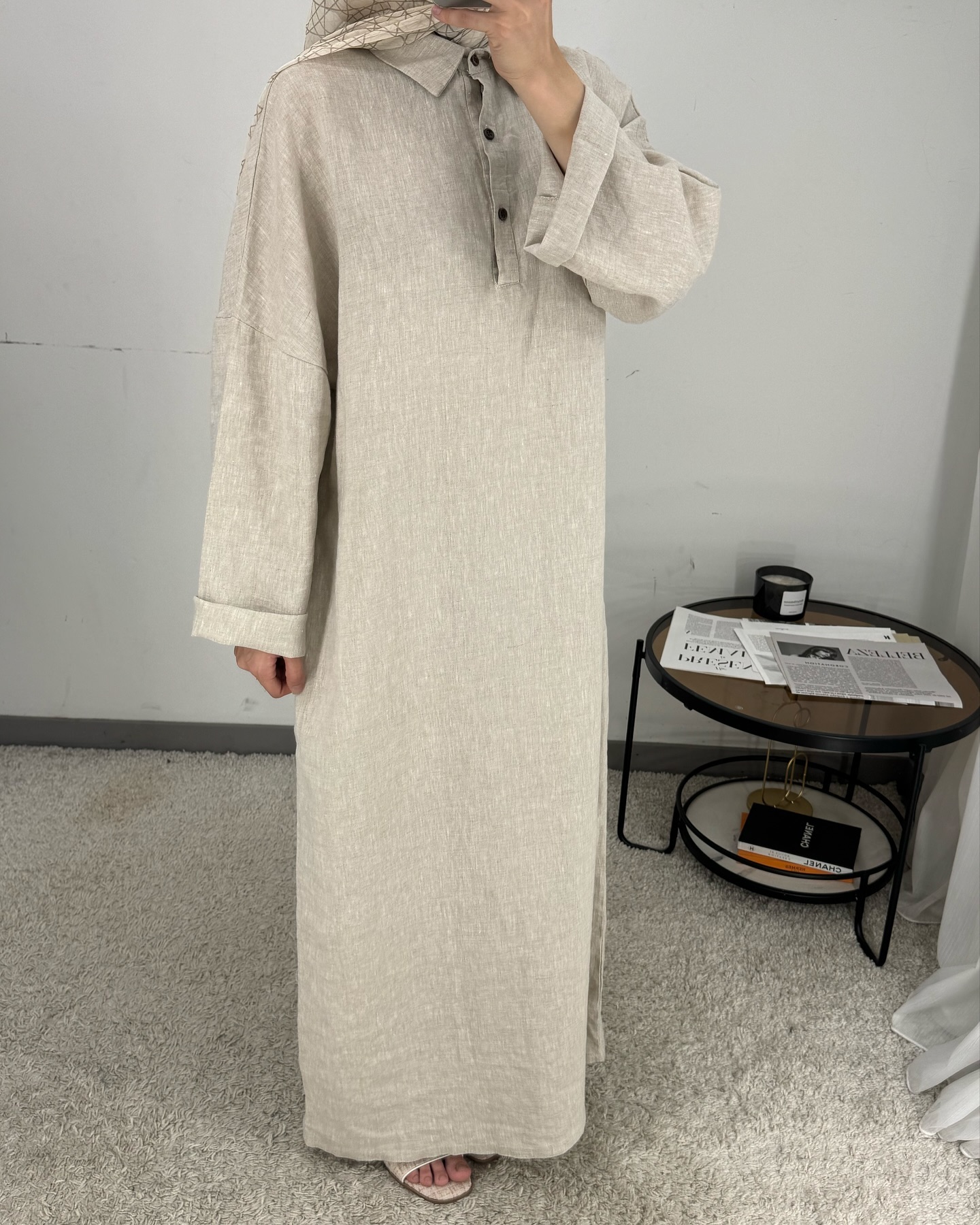 Willson Muslim Modest Linen Breathable Lightweight Abaya Dress Plus Size Casual Beige Maxi Dress for Women Button Spring