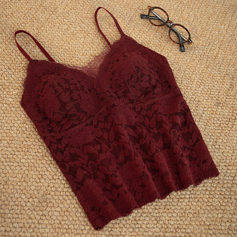 Wholesale Women's Sexy Camisole French V-Neck Lace Hollow Back Knitted Spandex/Nylon Solid Breathable Tank Top Removable Pads