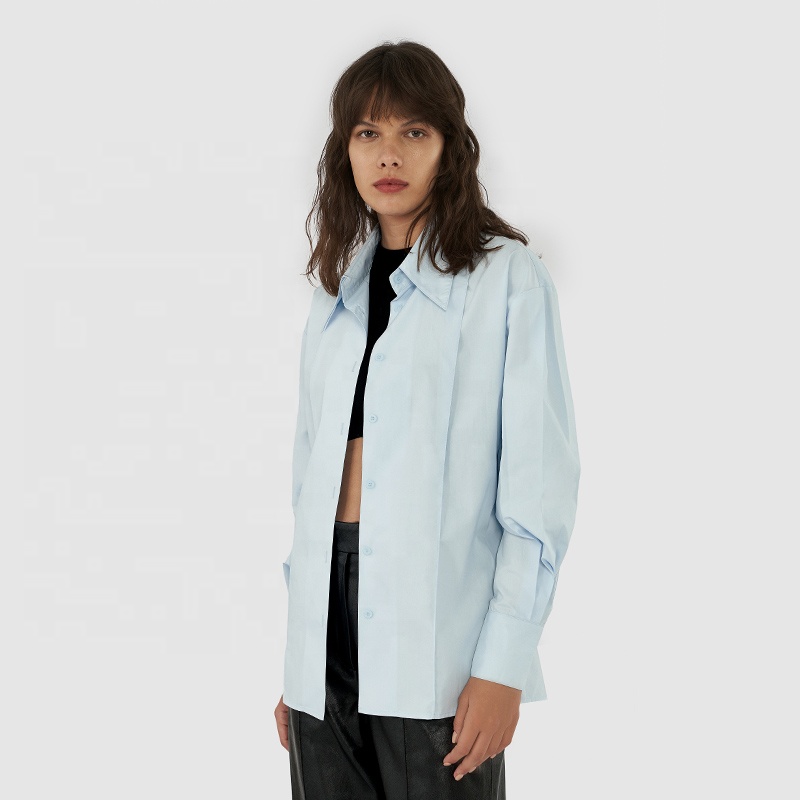 Blusas Para Mujer Elegant Light Blue Blouses Long Sleeve Cotton Shirts for Ladies