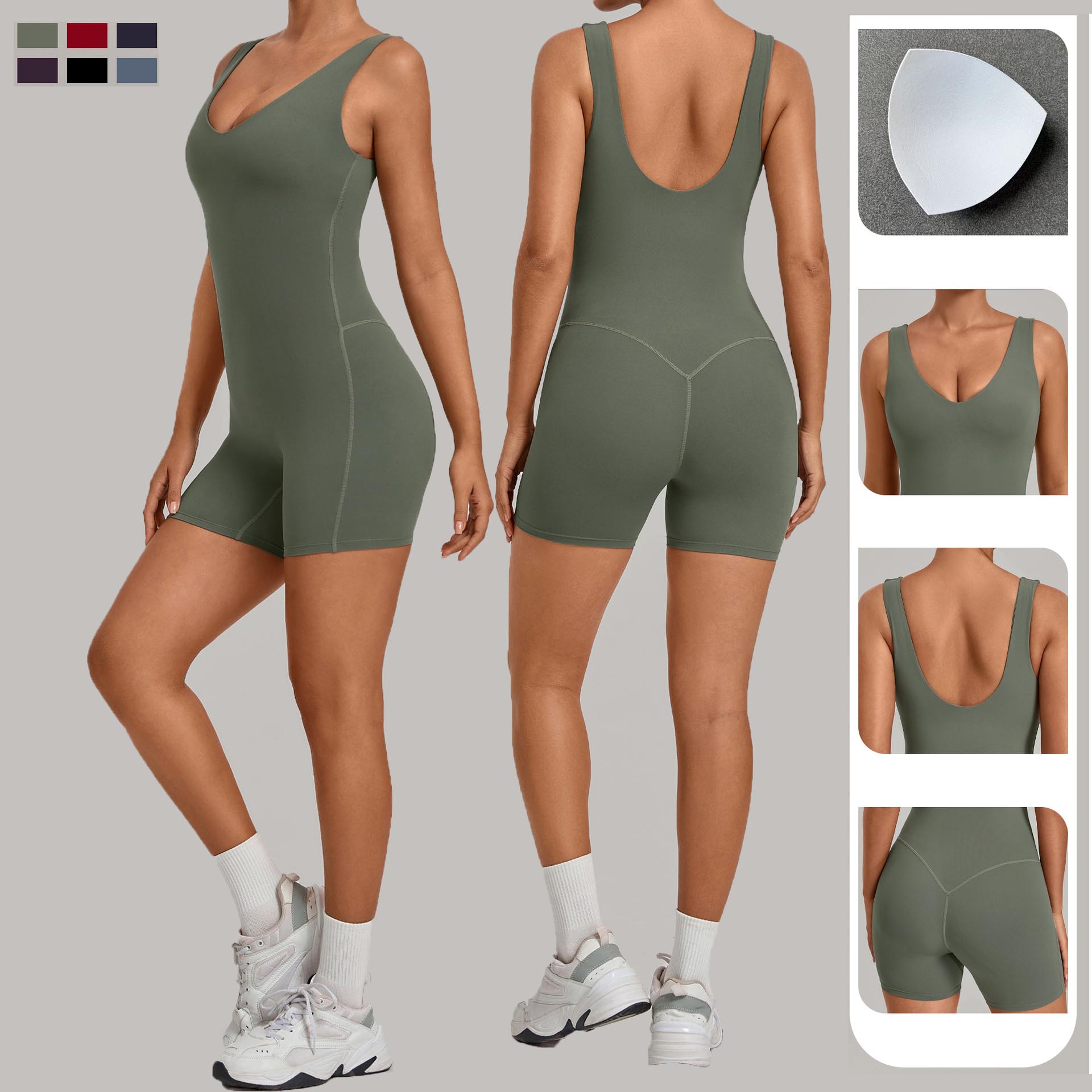 YIYI Women's V-Neck Backless Yoga Jumpsuit Built-in Bra One-piece Tight Sports Bodysuit Sleeveless Running Fitness Romper