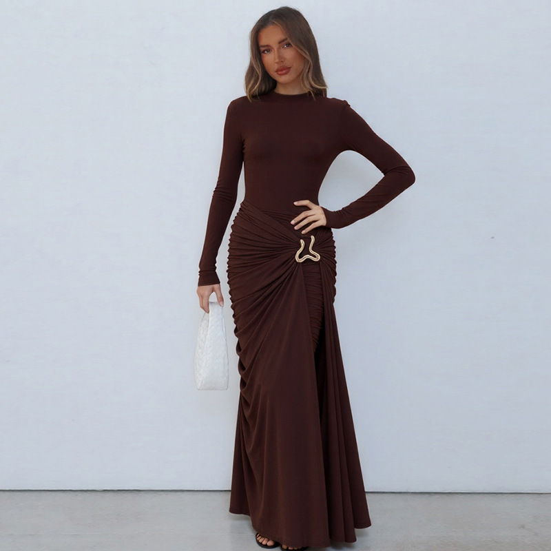 STOCK Two Colors Long Sleeve Women Dress Pleated Maxi Dress Casual Gown S-L