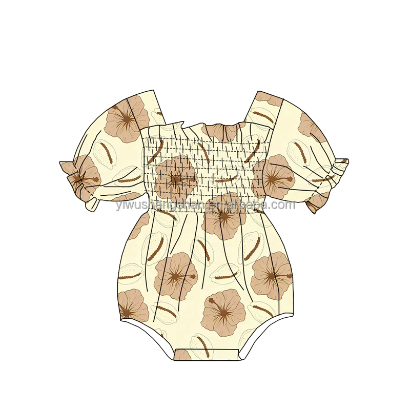 Trendy Kids Baby Summer Rompers Hawaiian Patterns Puff Sleeves Bubble Jumpsuits Smocked Ruffle Leotard for Girls