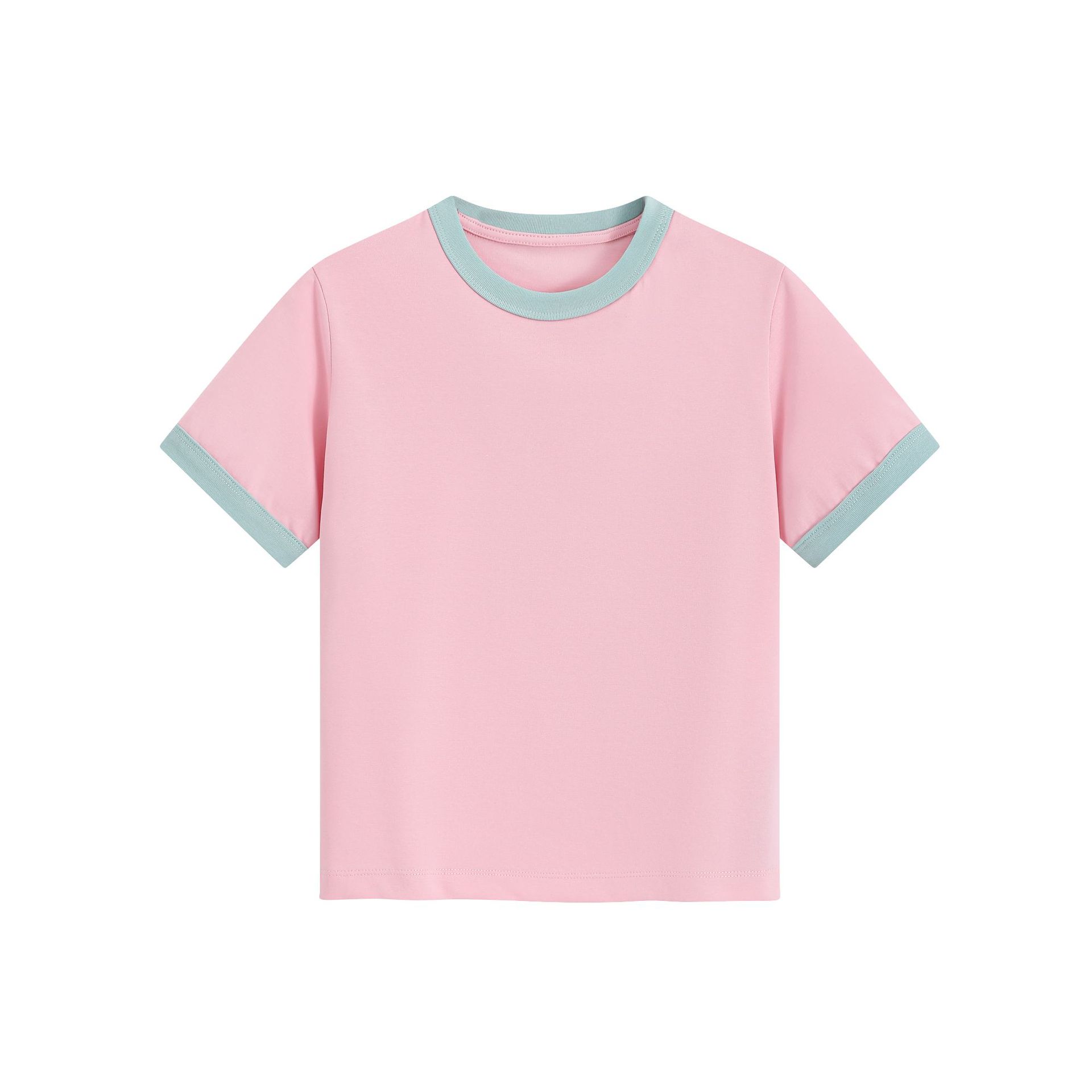Creative 260g Heavyweight Women's T-shirt Contrast Color Stitching Shoulder Print Short Top for Trendy Pink Summer Look