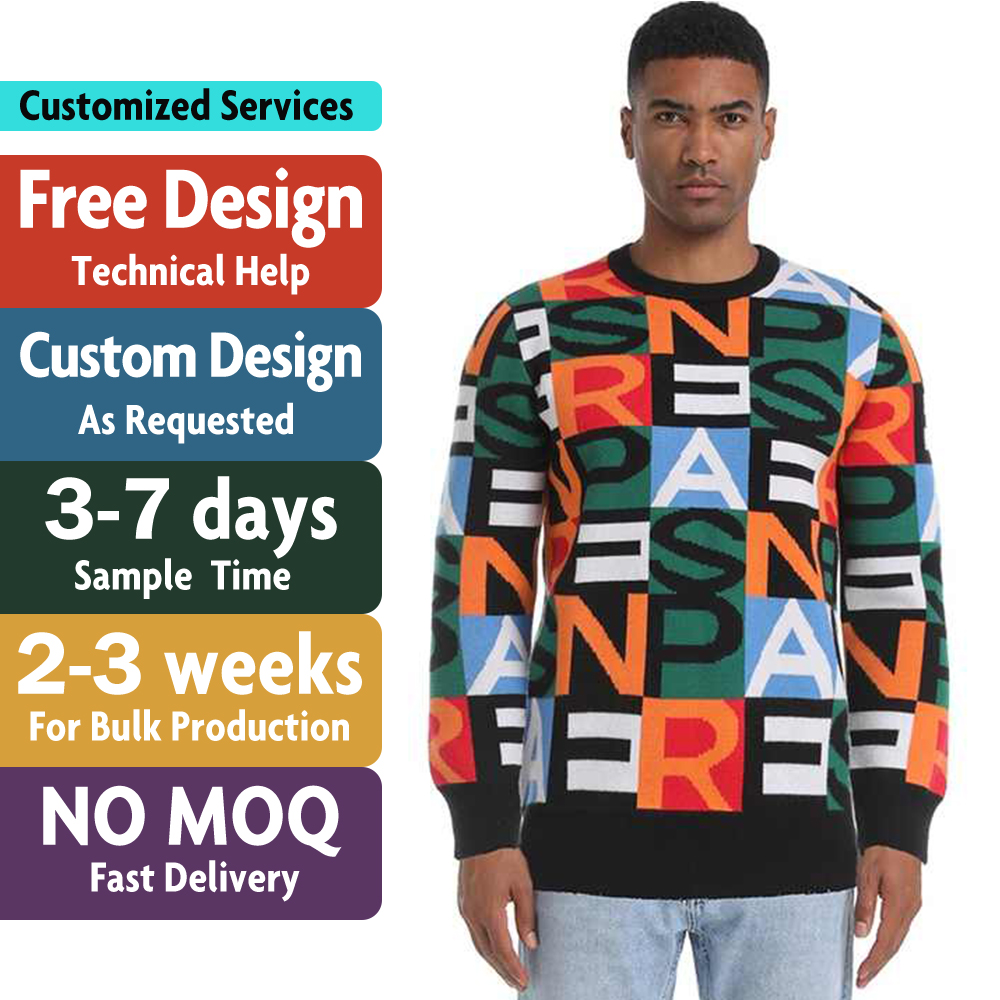Custom LOGO OEM Men Sweater Manufacturer Jacquard Pattern Pullover Knitwear Casual Crew Neck Jumper Winter Men Knitted Sweater