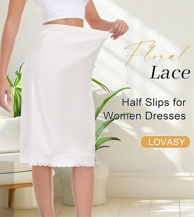OEM/ODM Women Vintage Satin Lace Trim Anti-Static Long Underskirt Soft Slip Dress Satin Midi Skirt