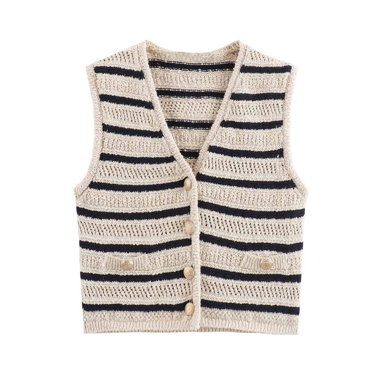 2025 Hot Summer New Casual Striped Women Button Decoration Short Length Knitted Vest Top Sweater Cardigans