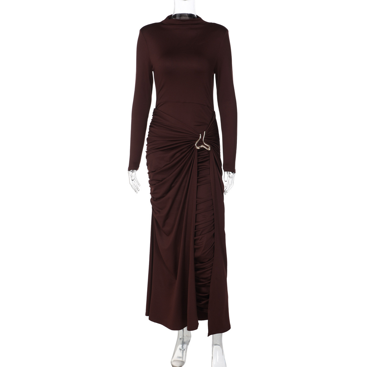 STOCK Two Colors Long Sleeve Women Dress Pleated Maxi Dress Casual Gown S-L