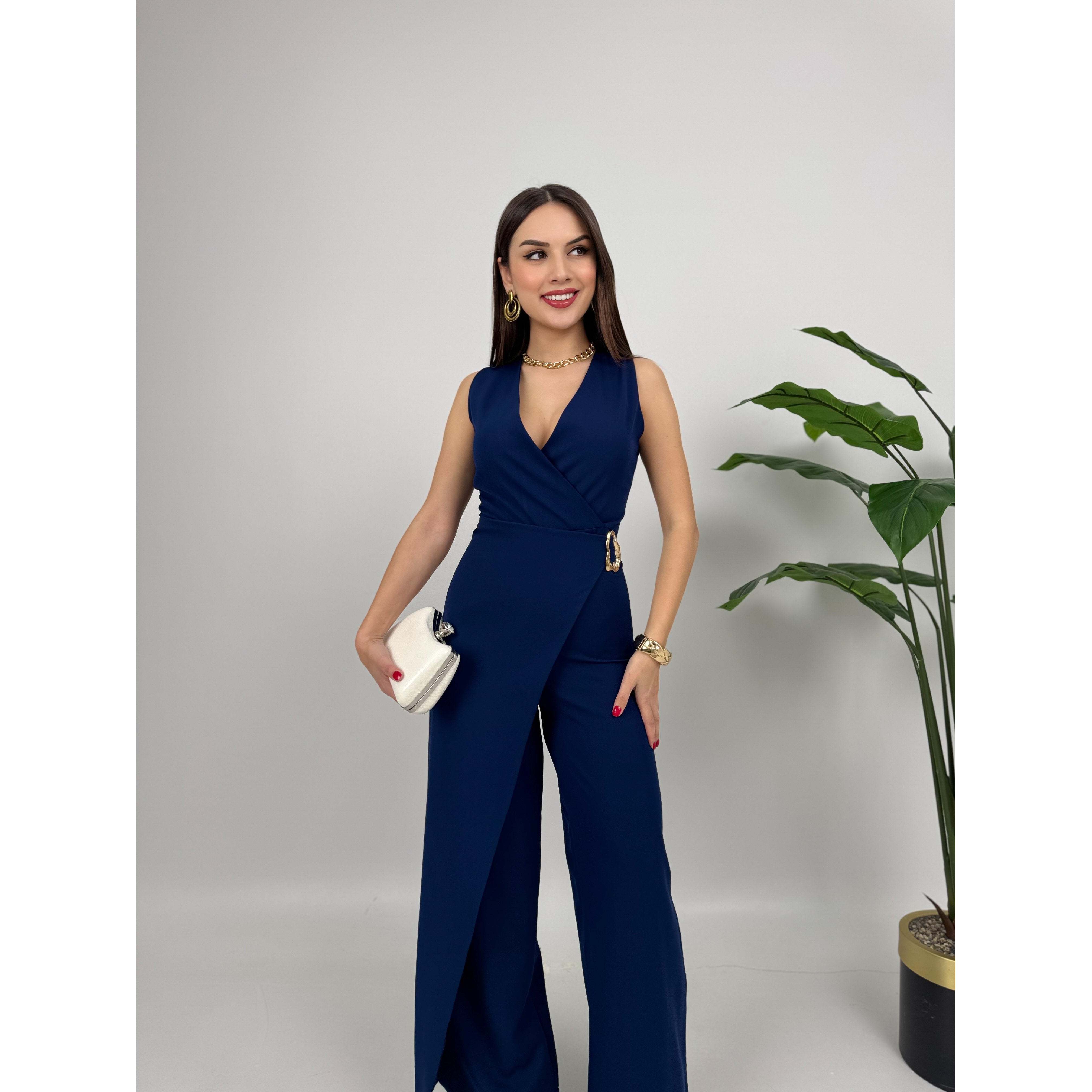 MissJANELL Women's 3019 Black Satin Jumpsuit with Waist Buckle Detail
