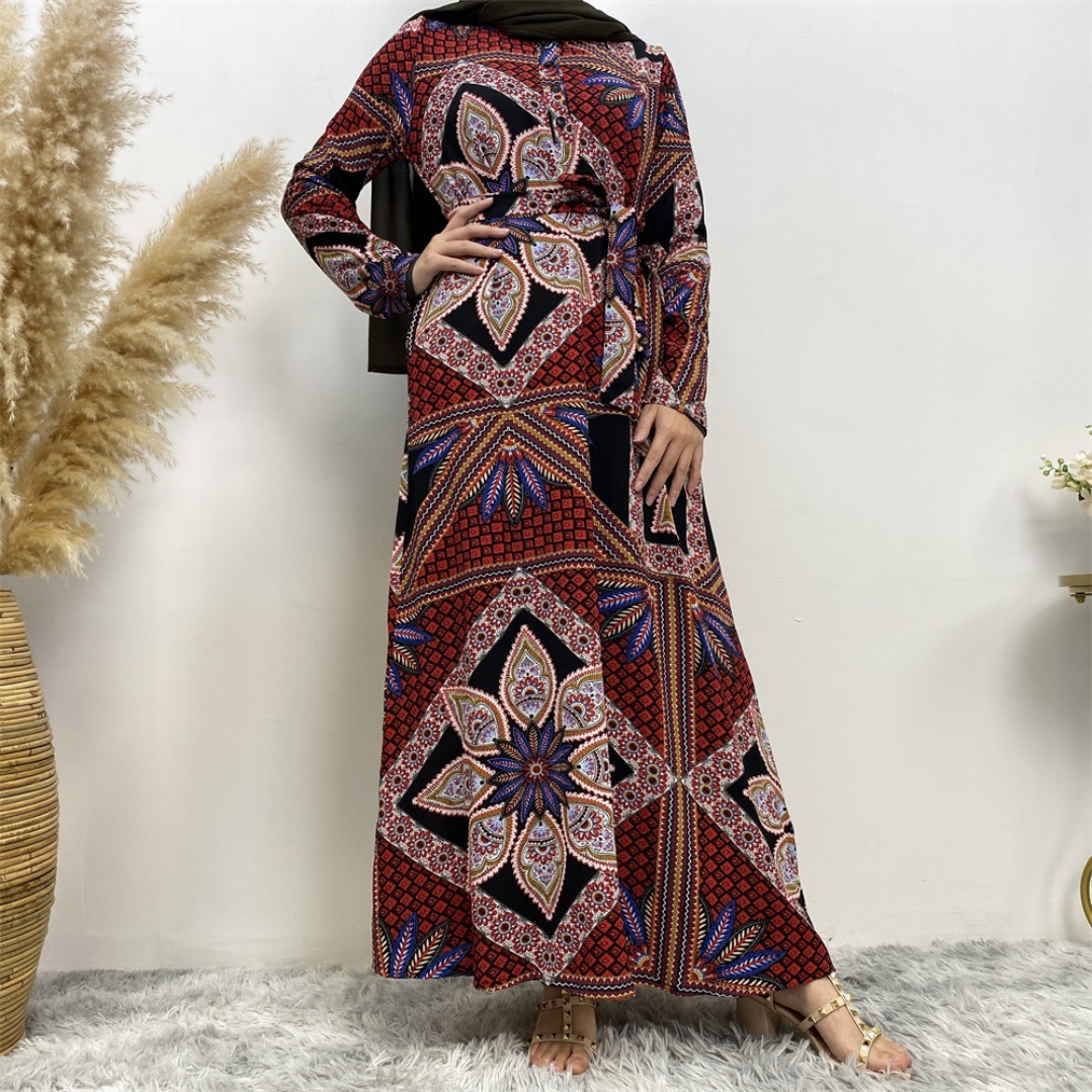 5069# Thick Chiffon Floral Printed Maxi Dress Long Sleeve Middle East Fashion Women Dresses With Side Pockets