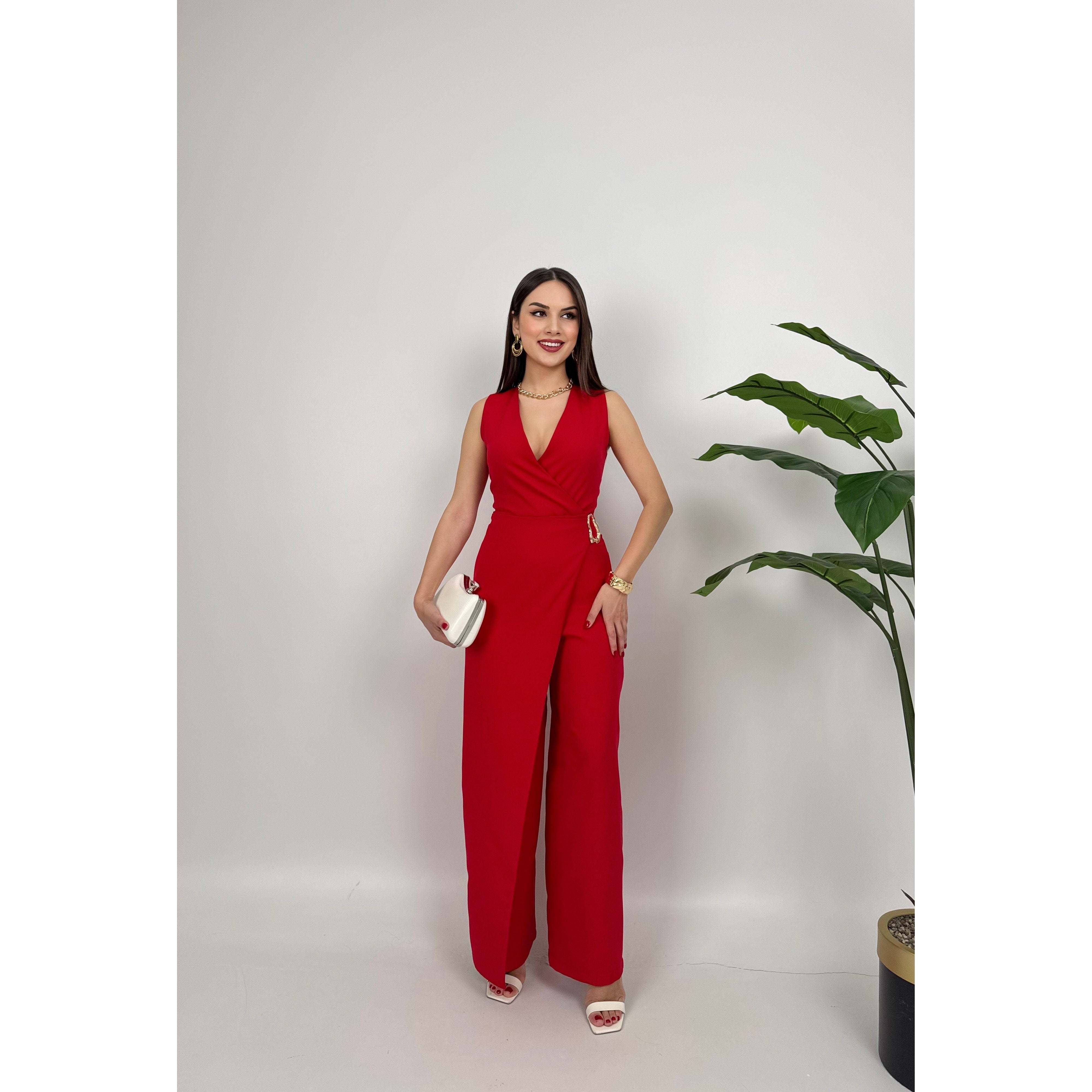 MissJANELL Women's 3019 Black Satin Jumpsuit with Waist Buckle Detail