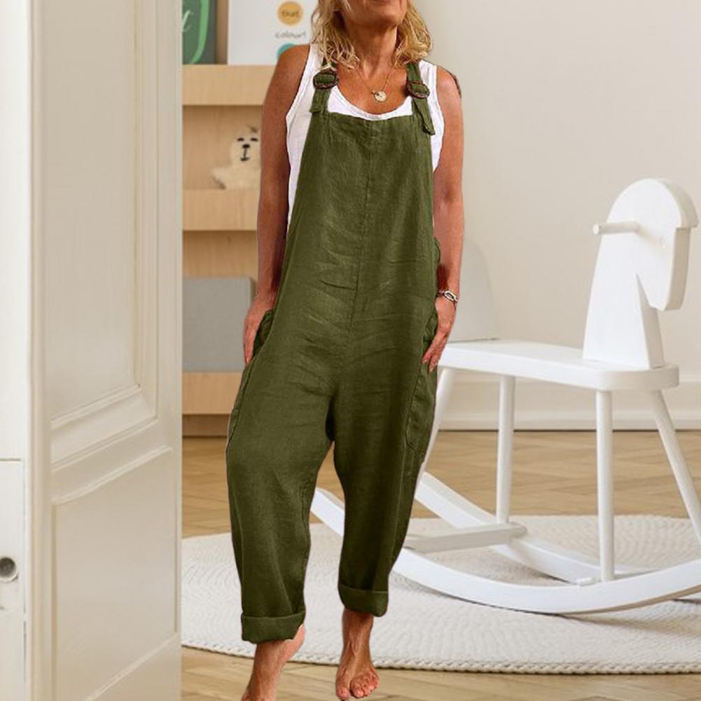 Women Cotton Linen Casual Jumpsuits Adjustable Straps Wide Leg Pocketed Loose Rompers Female Casual Vintage Overalls