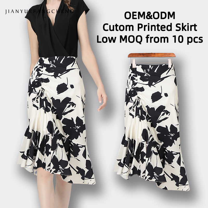 Women Classic Floral Contrast Color Custom Printed Stain Fabric High Waist Ruffles Luxury Office Daily Wear Wrap Midi Spring