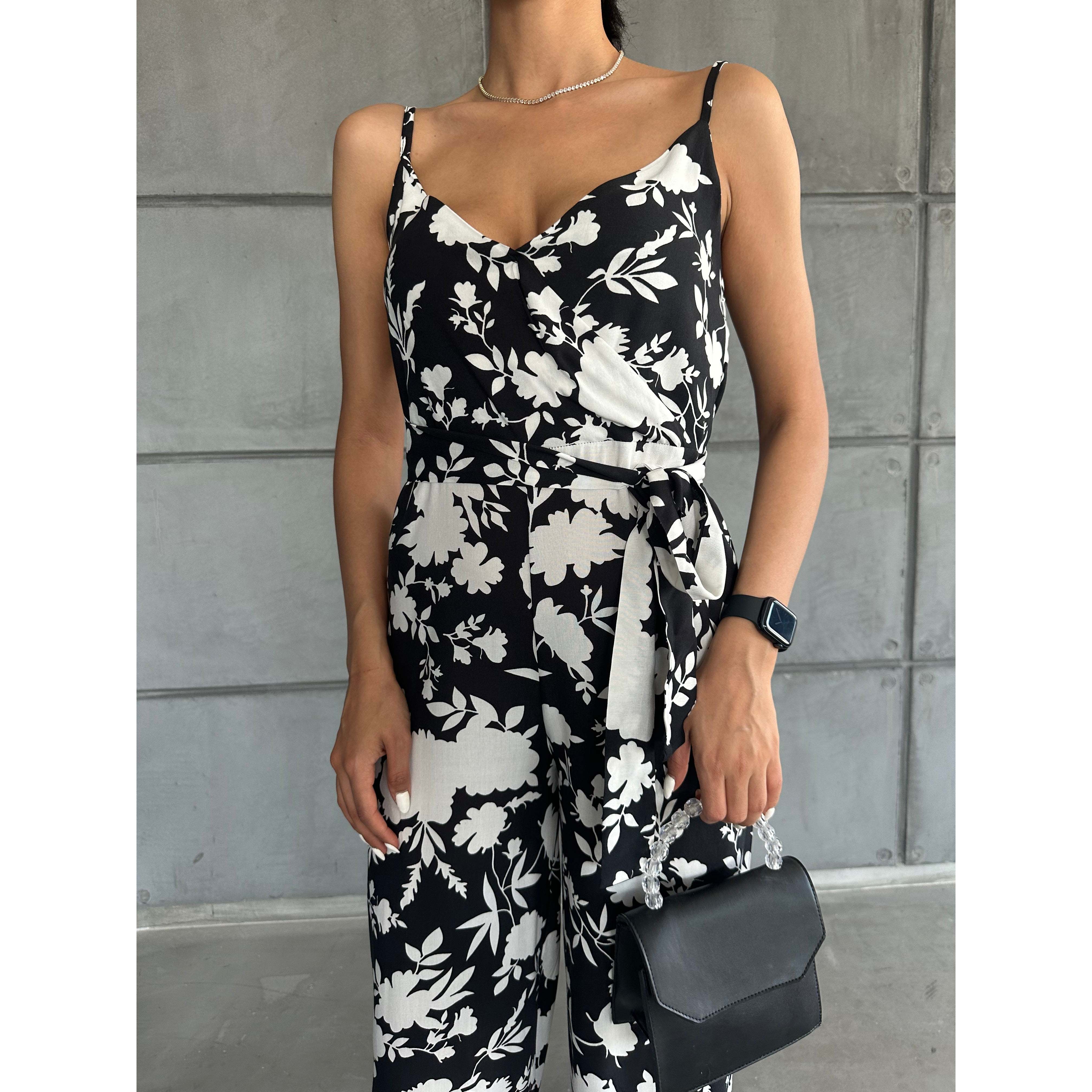 High Waist Patterned V-Neck Strappy Jumpsuit Breathable Chiffon Casual Style