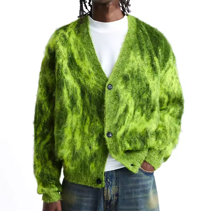 Custom Design OEM Mohair Sweater Men Fuzzy Long Sleeve Casual Knitwear Winter Jacket Knitted Jumper Cardigan Mohair Knit Sweater