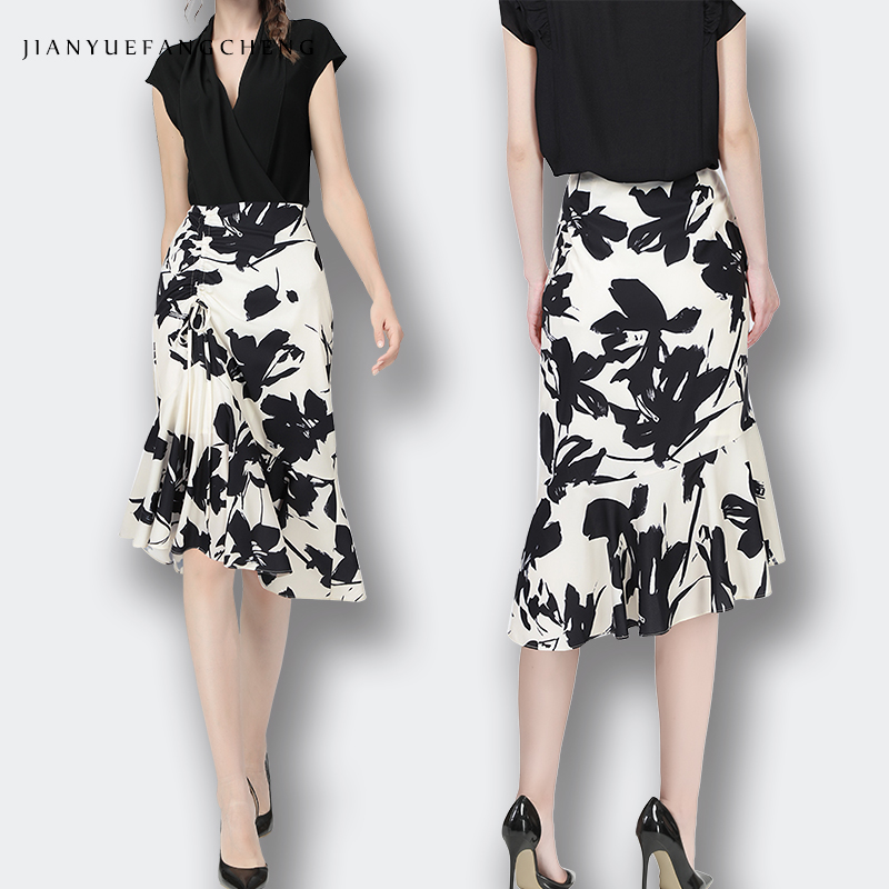 Women Classic Floral Contrast Color Custom Printed Stain Fabric High Waist Ruffles Luxury Office Daily Wear Wrap Midi Spring