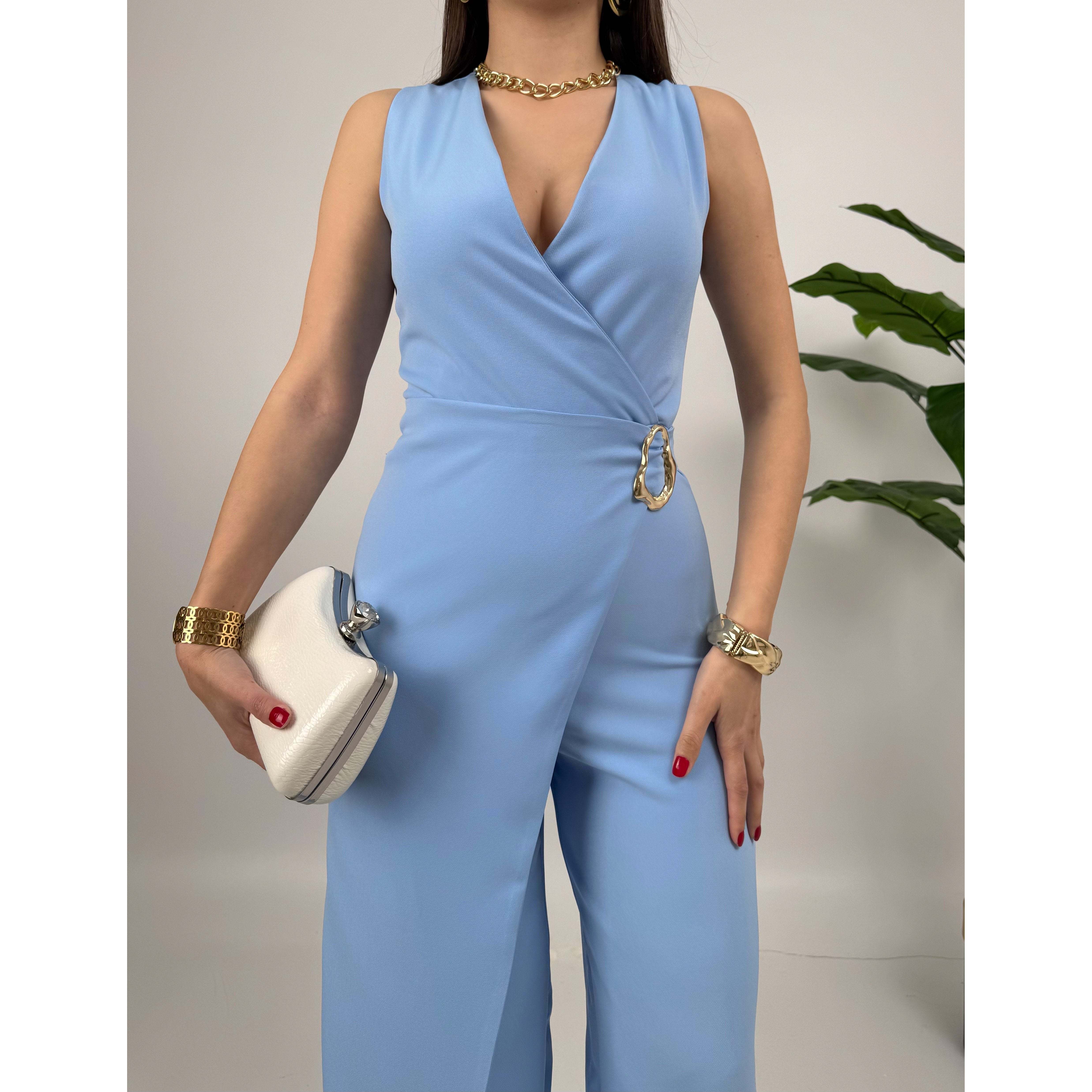 MissJANELL Women's 3019 Black Satin Jumpsuit with Waist Buckle Detail