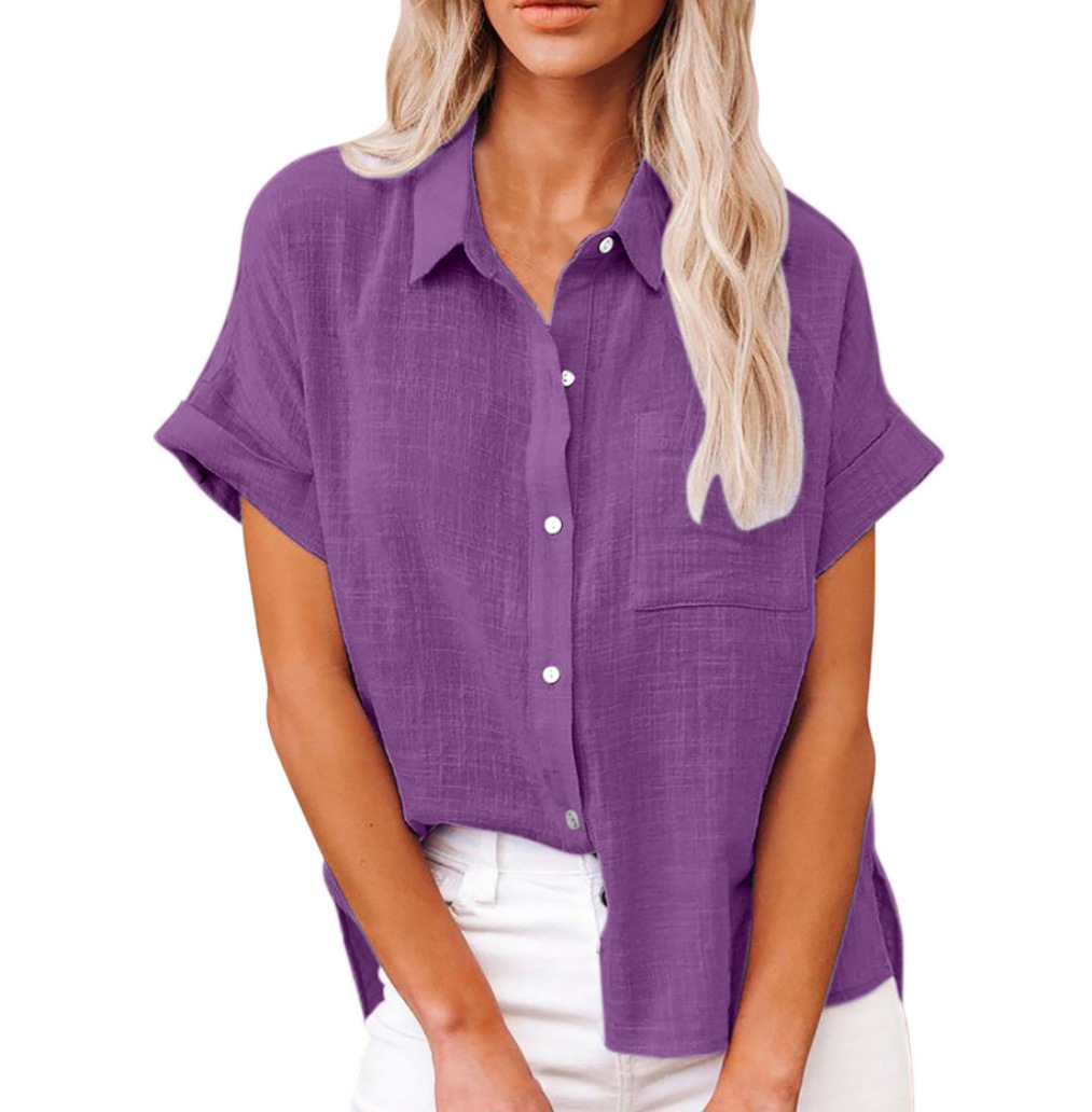 Hot Sale Women's Summer Linen Casual Shirt Short Sleeve Blouse Loose Fit Button Shirt
