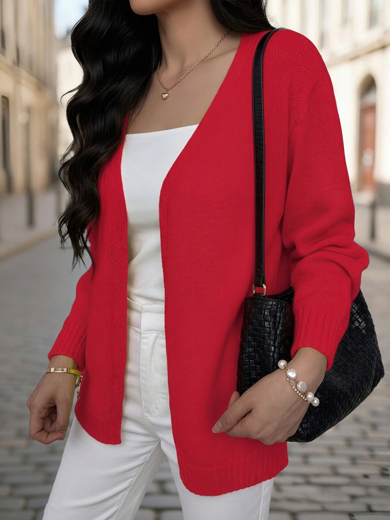 Premium Red Open Front Cardigan for Office Lady for Spring Outfit Quality Long Sleeved Elegant Knitted Outerwear