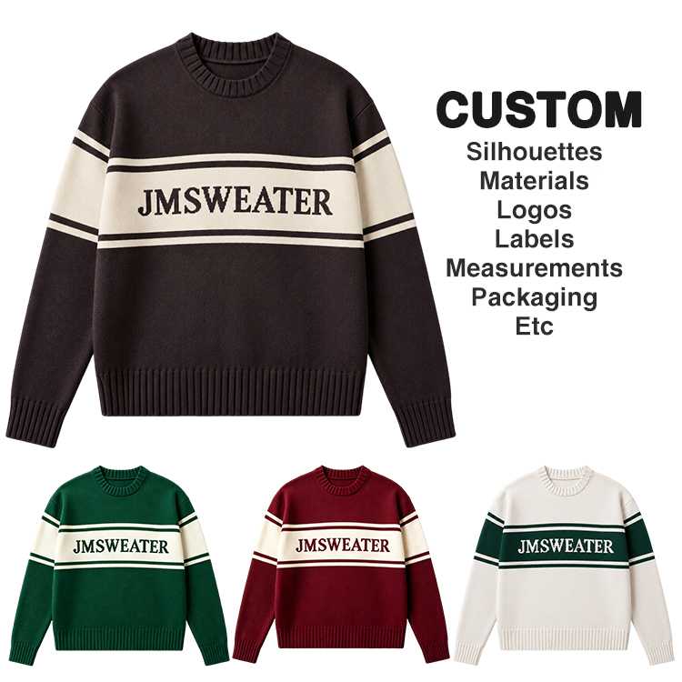 OEM Custom Men Cotton Crew Neck Knitted Sweater Long Sleeve Letter Pattern Vintage Stripes Pullover Letter Man Sweater