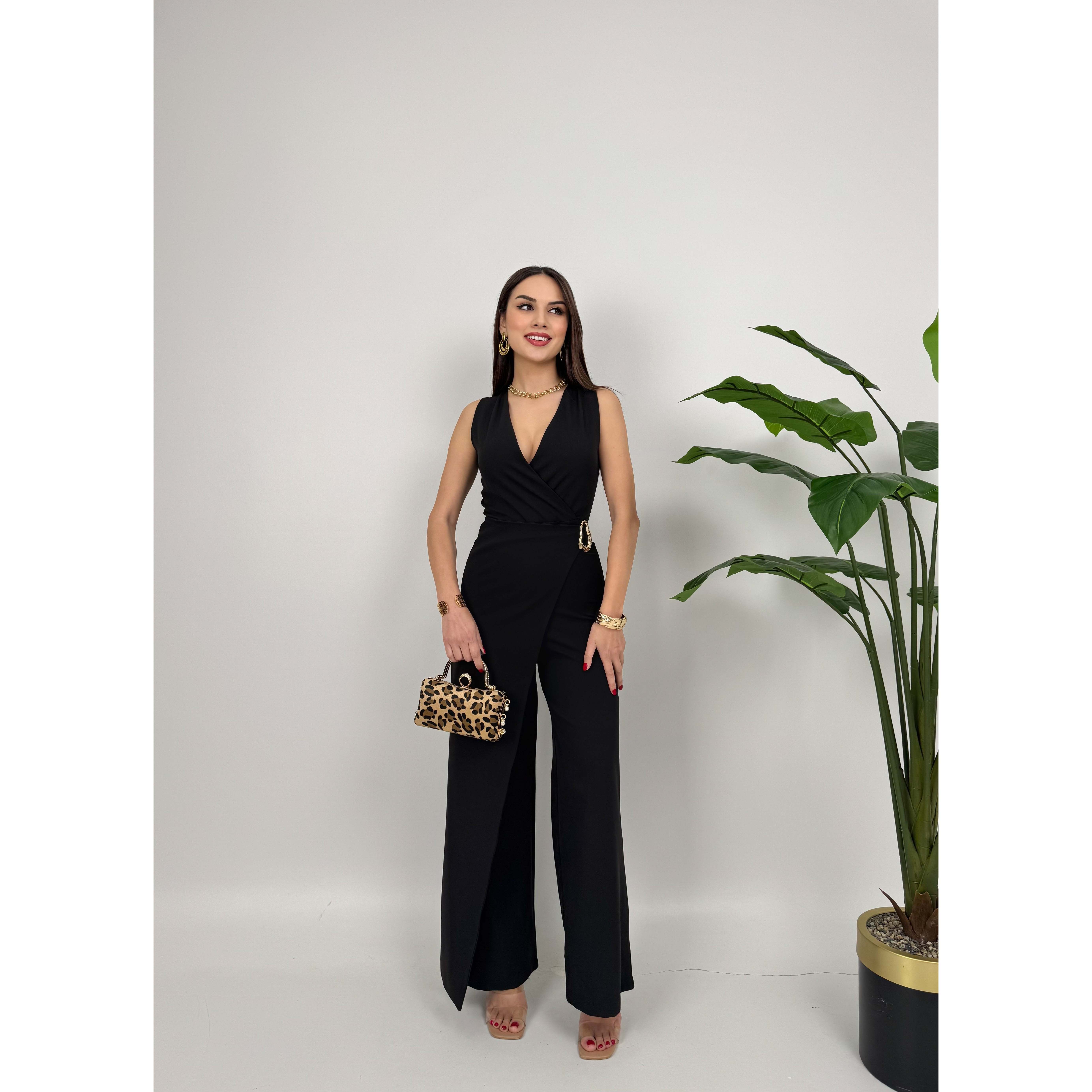 MissJANELL Women's 3019 Black Satin Jumpsuit with Waist Buckle Detail