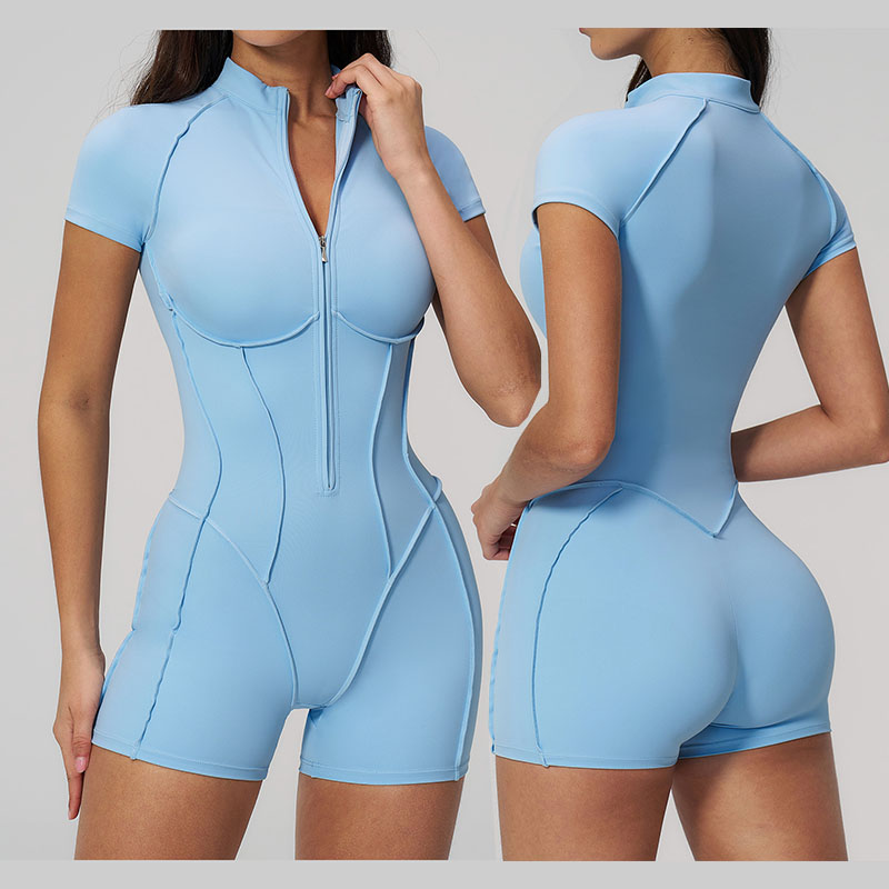 High Quality Custom Zipper Summer Gym Fitness Stand Collar Half Zipper Yoga Bodysuit Sportswear Workout Shorts Jumpsuit