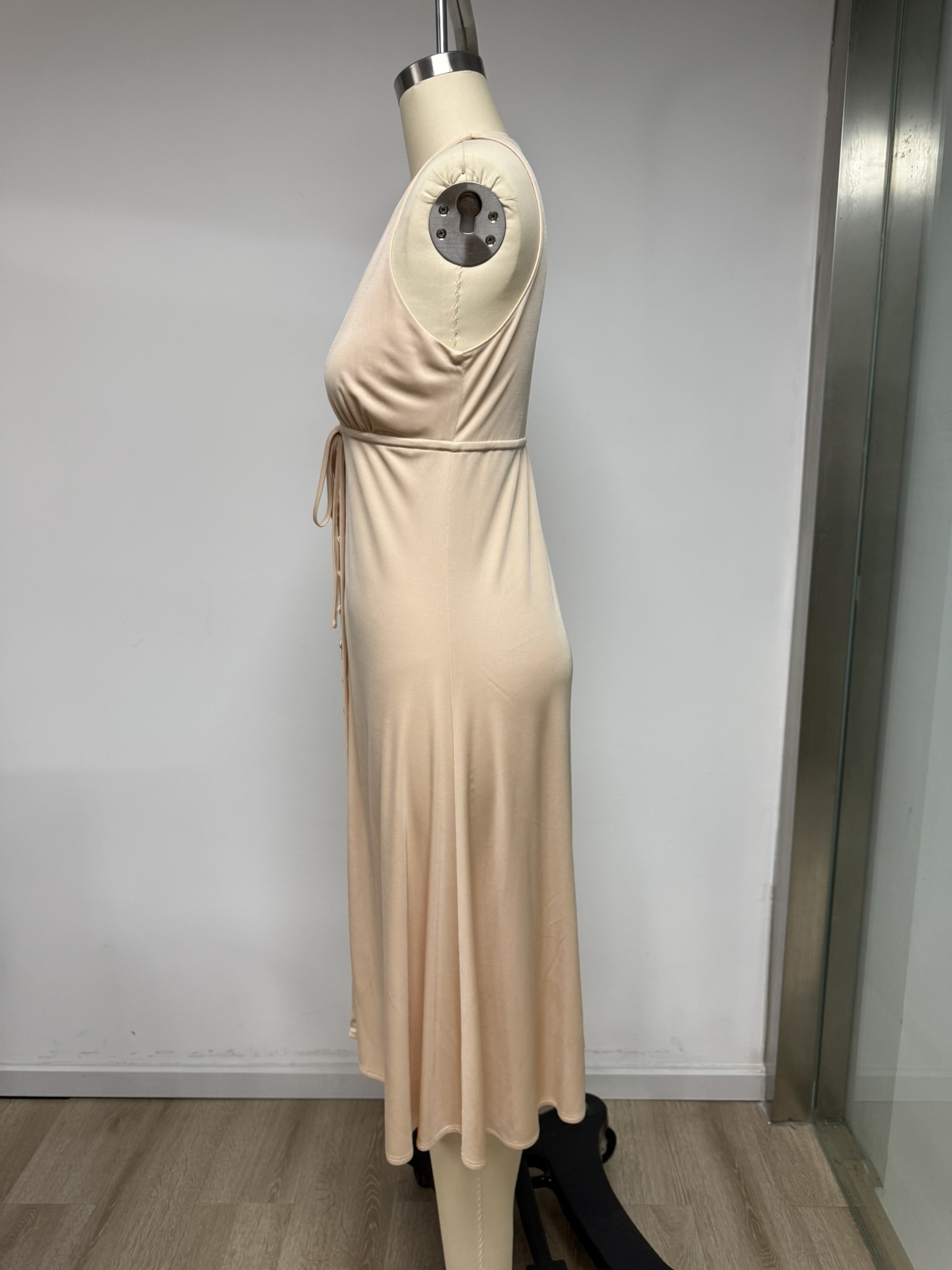 Women's Elegant A-Line Waist Tie Midi Dress Viscose Jersey Sleeveless Deep V-Neck Casual Party Wear Autumn Eco-Friendly Solid
