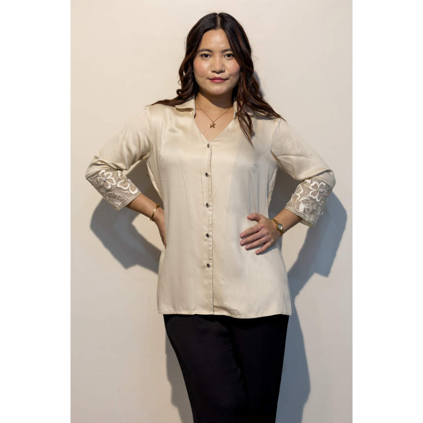 Women Beige Giza Cotton Premium Shirt Elegant Casual Soft Daily Wear Supplier