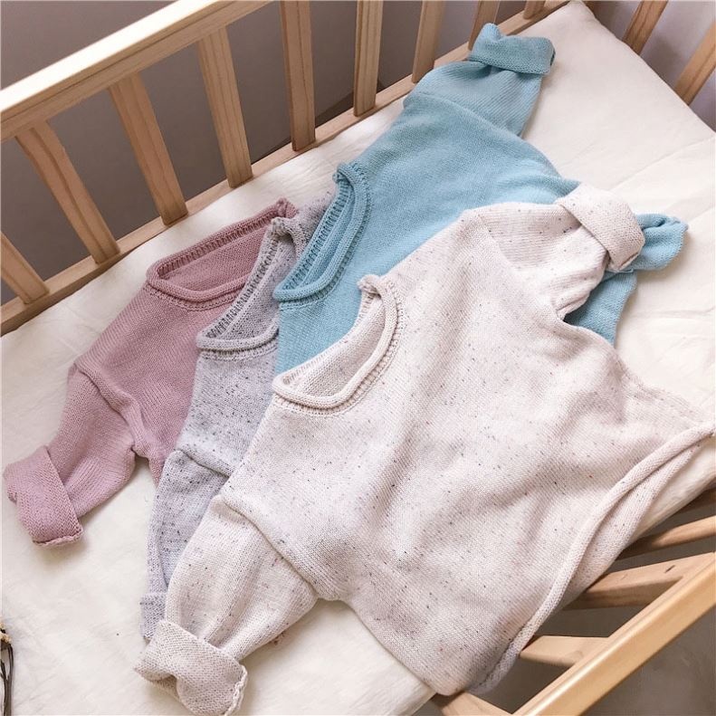 Wholesale Custom Logo Different Colors Solid Organic Cotton Knit Jersey Baby Toddler Monogram 7GG Embroidery Roll Neck Sweater