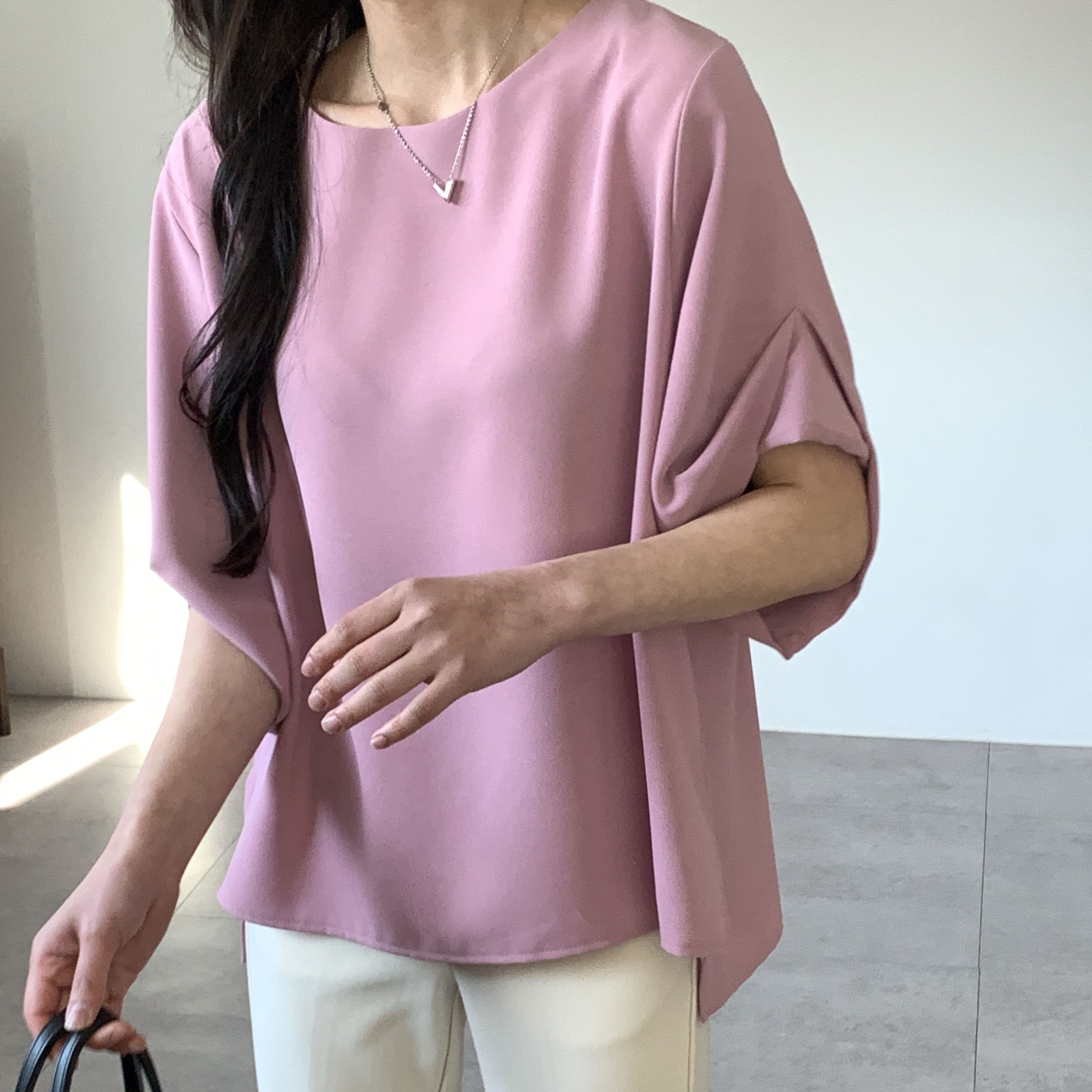 Korean Made Women's Blouse with Half Sleeve Puff Detail Soft Touch Neck Asymmetrical Hem 100% Polyester High Street Style Top