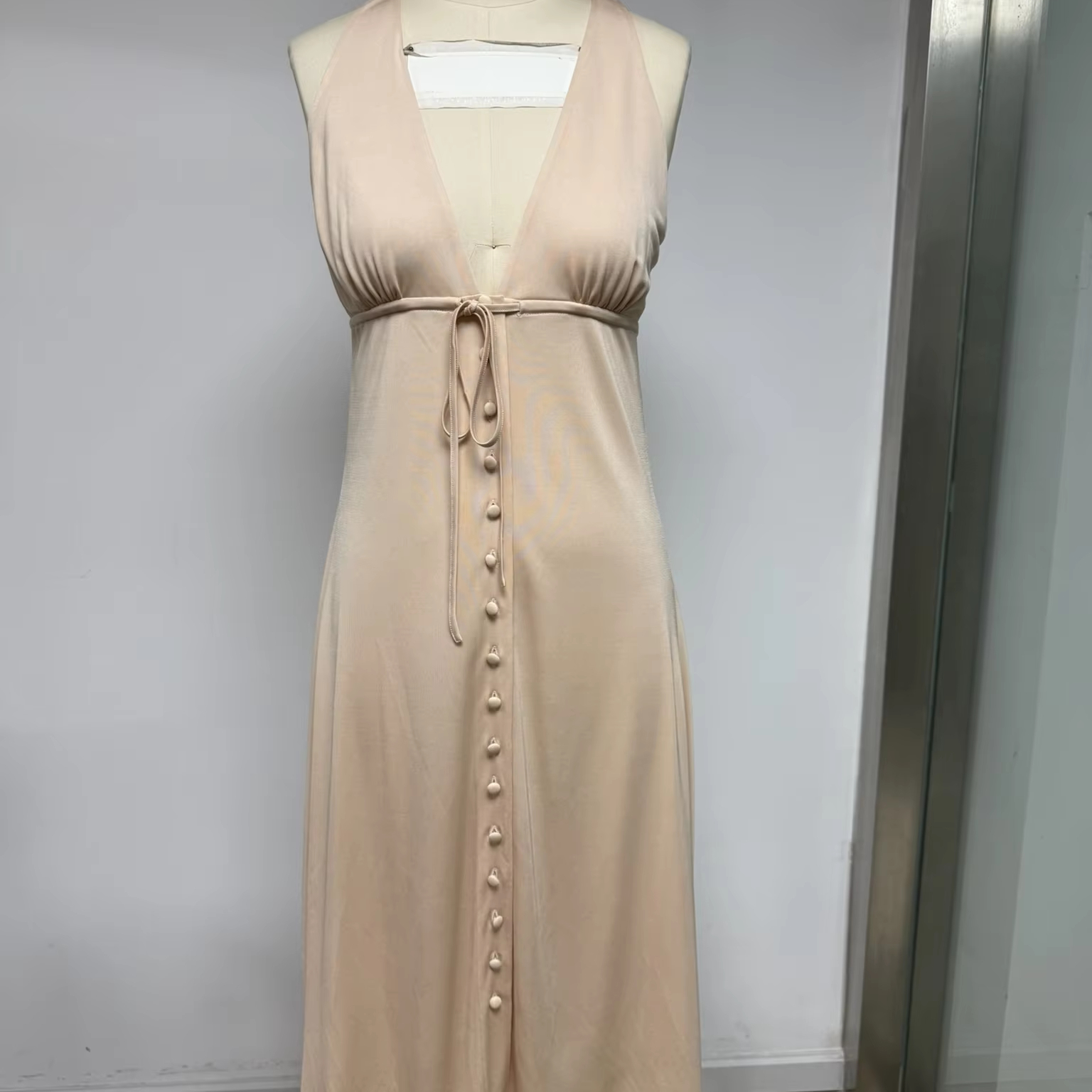 Women's Elegant A-Line Waist Tie Midi Dress Viscose Jersey Sleeveless Deep V-Neck Casual Party Wear Autumn Eco-Friendly Solid