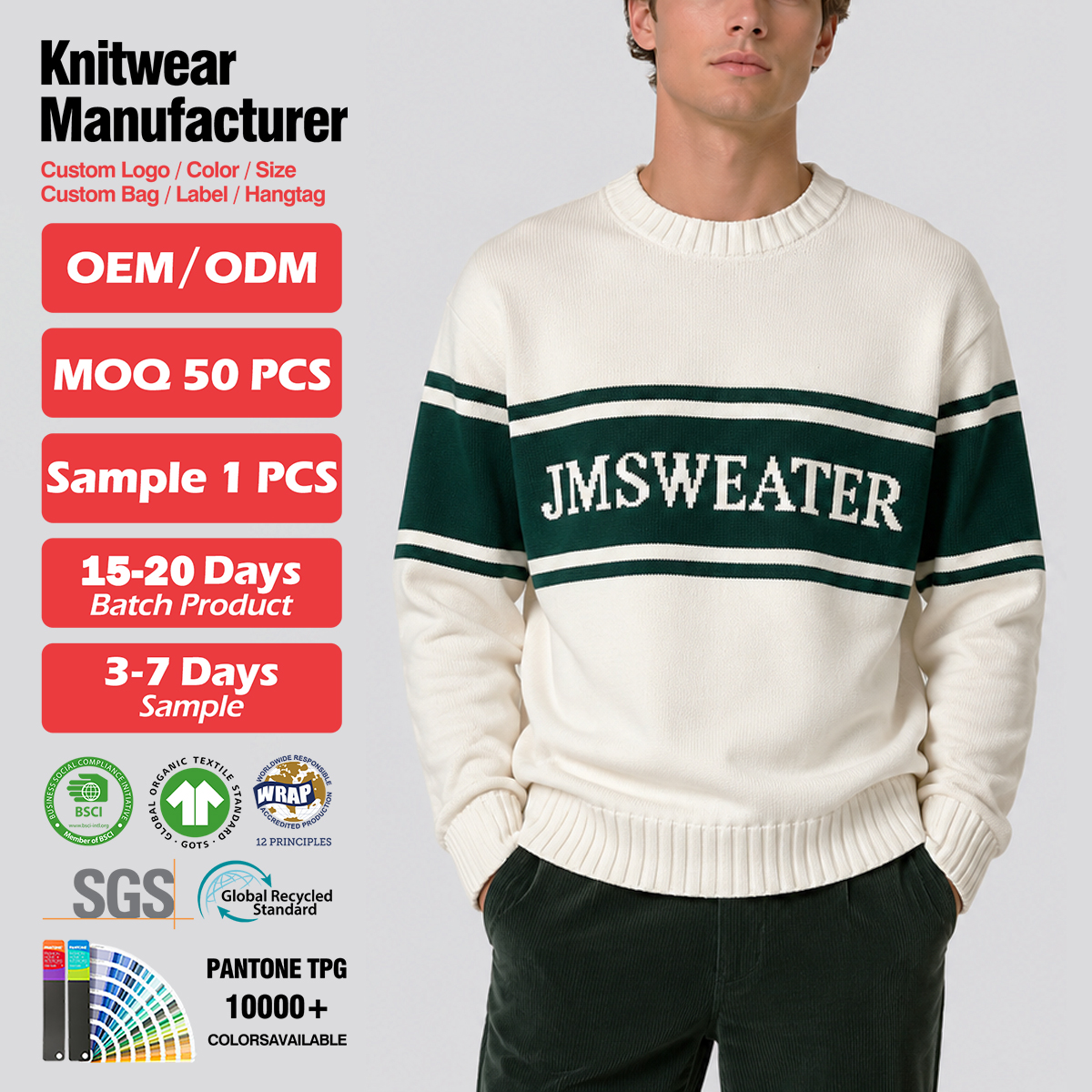 OEM Custom Men Cotton Crew Neck Knitted Sweater Long Sleeve Letter Pattern Vintage Stripes Pullover Letter Man Sweater