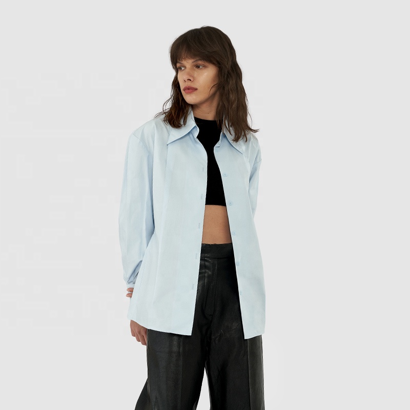Blusas Para Mujer Elegant Light Blue Blouses Long Sleeve Cotton Shirts for Ladies