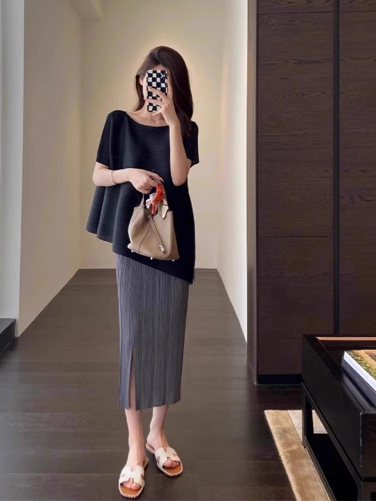 Miyake Summer Midi Pleated Short Sleeve T-Shirt and Skirt Two-Piece Set for Women 2025 New