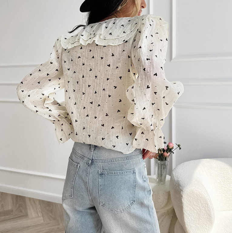 Runwaylover 2687 Transparent 2024 Ladies Sexy Flare Sleeve Printed Blouse
