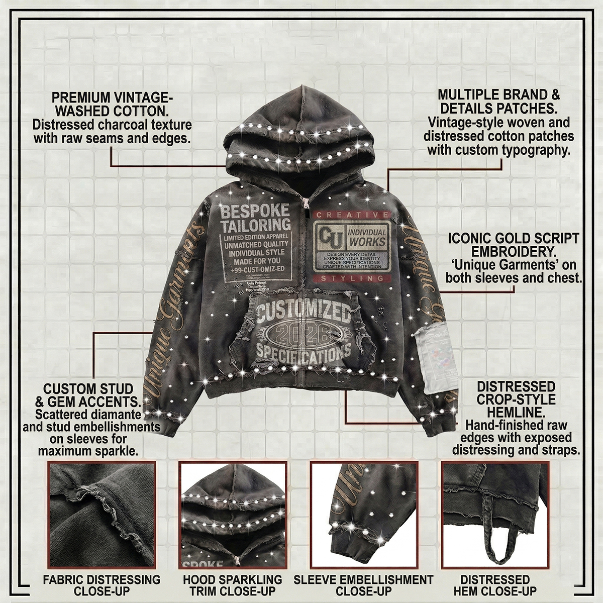 Custom Hoodie Heavyweight Streetwear Distressed Rhinestone Acid Wash Graphic Vintage Zip up Hoodie Double Layer Hoody Design