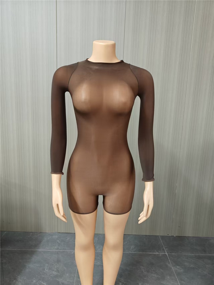 2026 Spring Summer Women Bodycon Jumpsuit Stretch Gloss Oil Shiny Bodysuit Night Playsuit Sexy See Through Mesh Rompers
