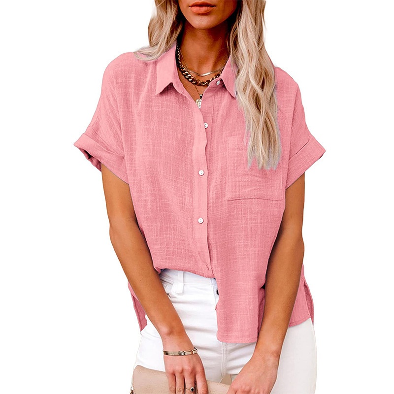 Hot Sale Women's Summer Linen Casual Shirt Short Sleeve Blouse Loose Fit Button Shirt