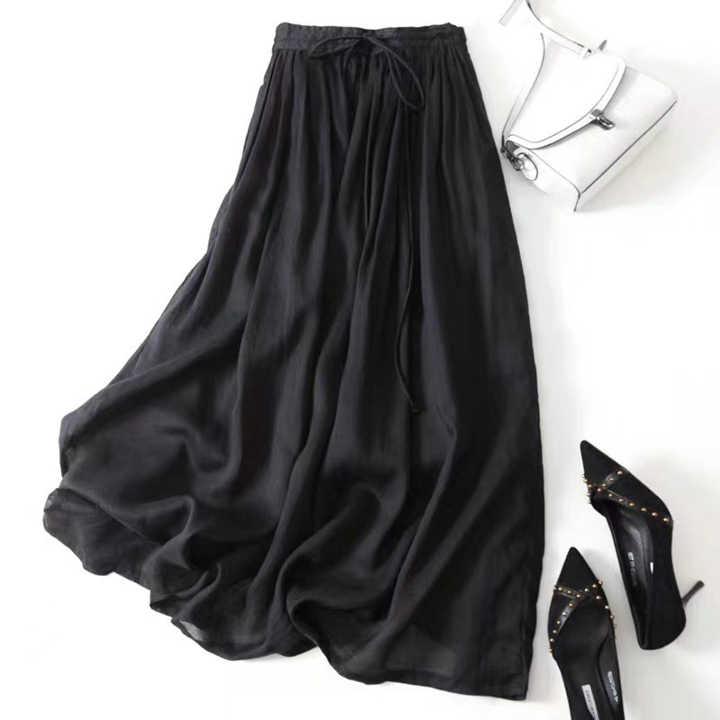 2026 Summer Polyester/Cotton Nonwoven Yarn Dyed A-Line Eco-Friendly Mid Length Solid Color Casual Women's Halfskirt