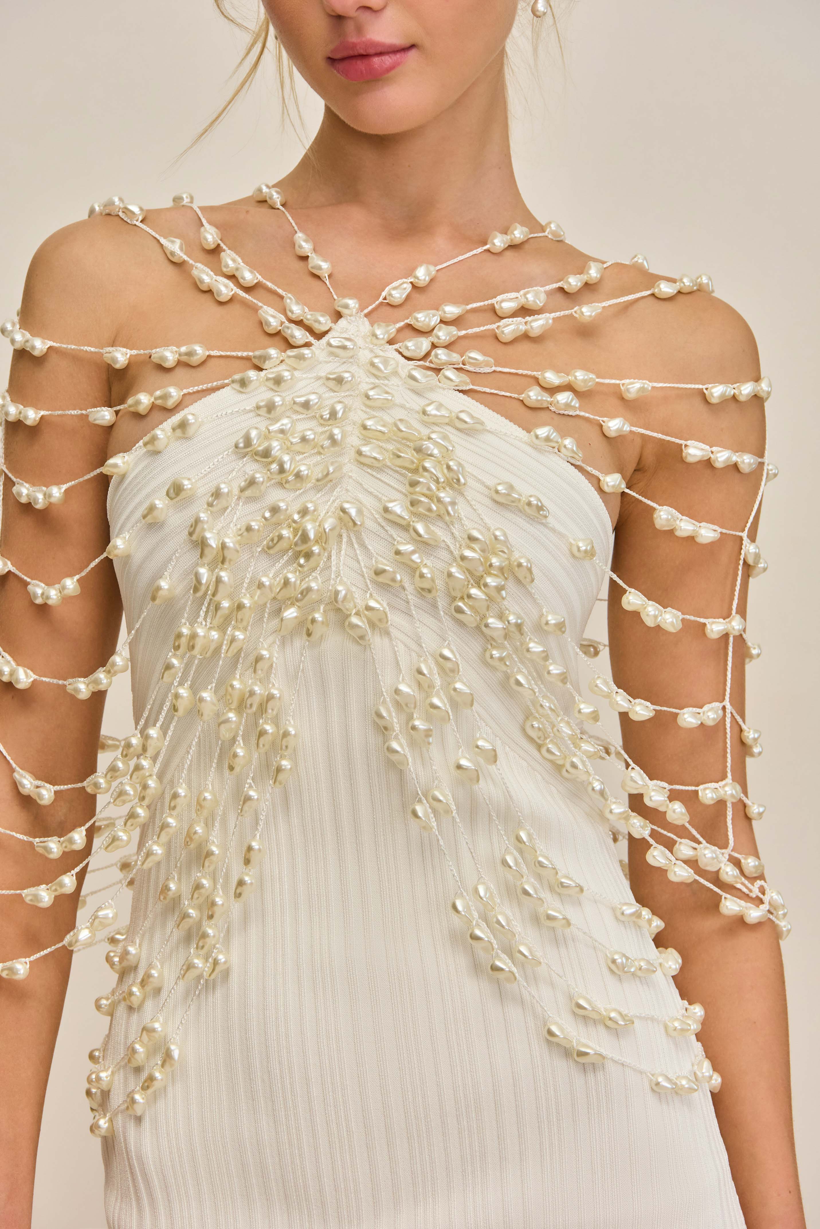 LM D132 Faux Pearl Embellished Mini Dress White Bodycon Silhouette Dress