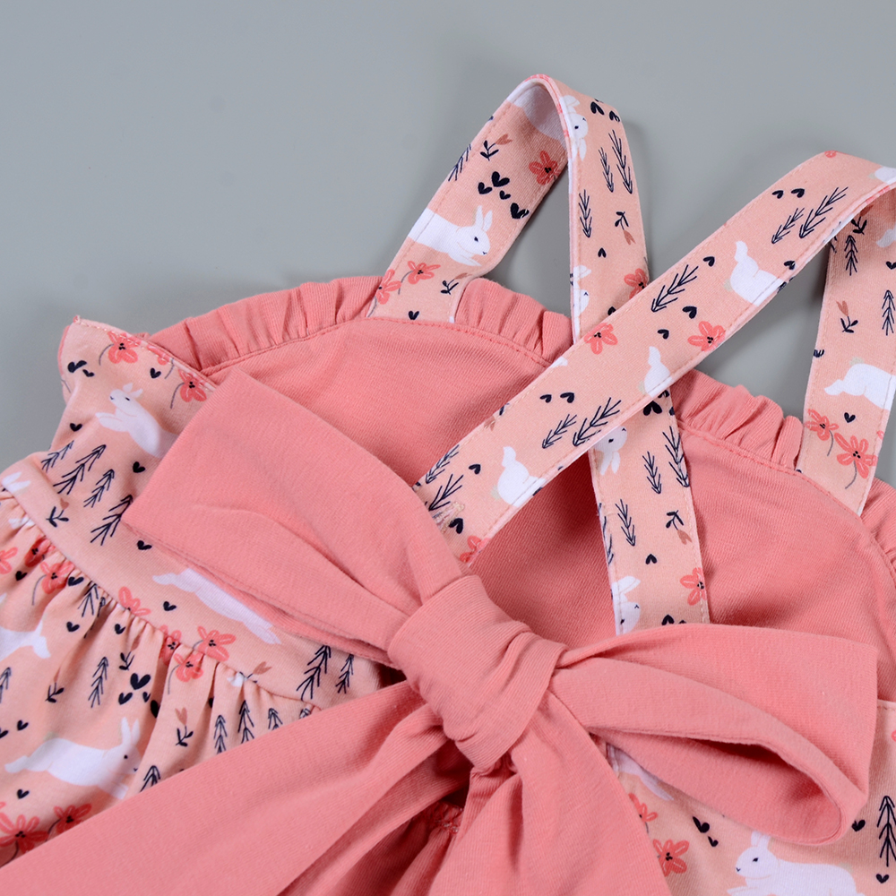 New Arrival Cute Rabbit Print Minidress &amp; Shorts Set for Girls Cotton Worested Fabric with Bow Animal Patterned Girls Clothing