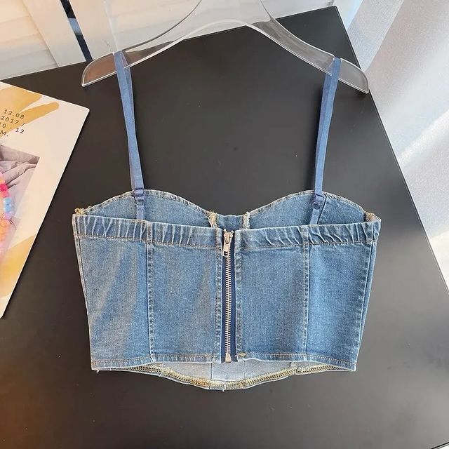 Women's Best Quality 100% Cotton Breathable Eco-Friendly Camisoles Removable Padded Front Lace Design Back Zip Jean Style