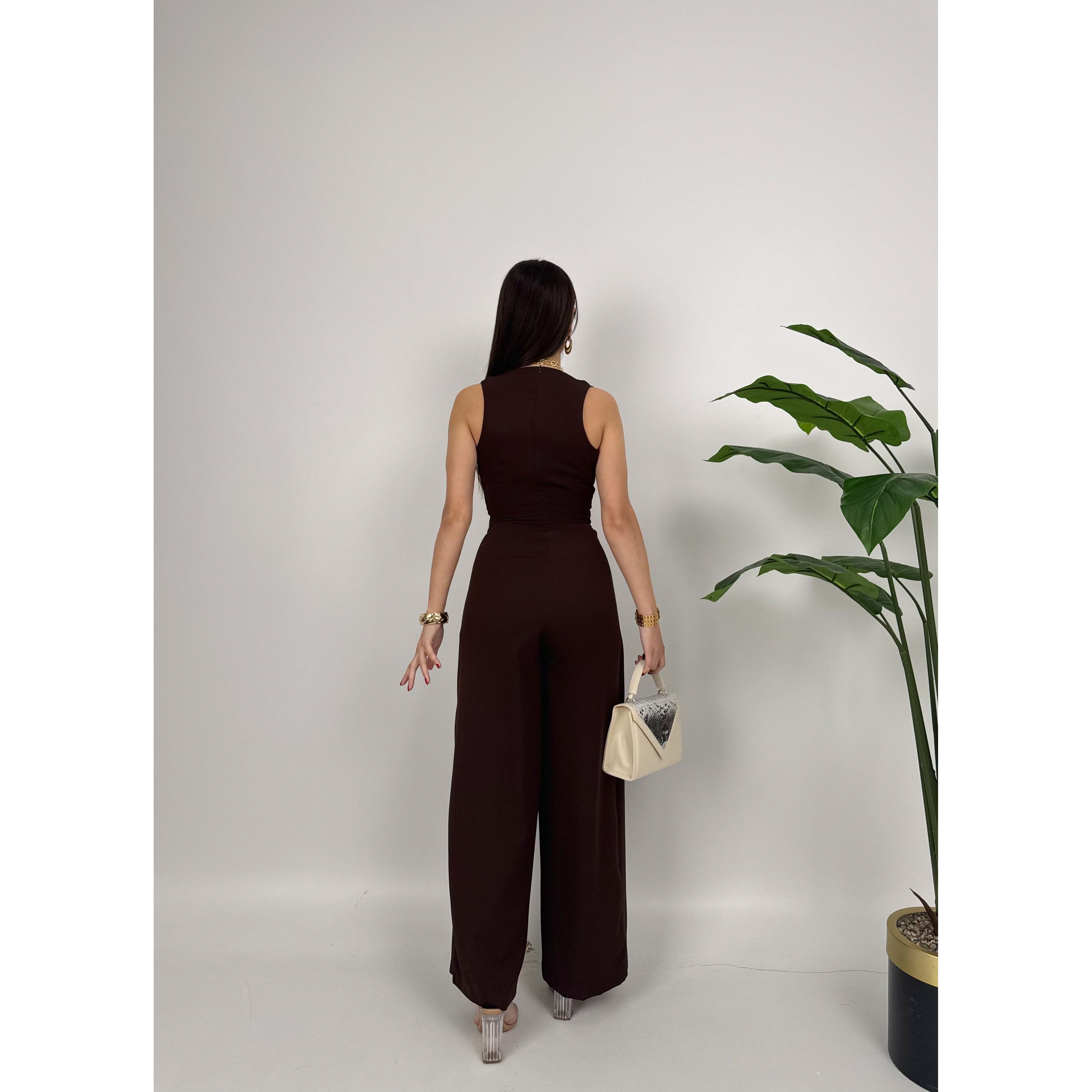 MissJANELL Women's 3019 Black Satin Jumpsuit with Waist Buckle Detail