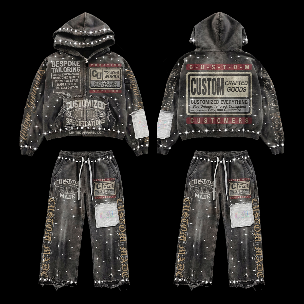 Custom Hoodie Heavyweight Streetwear Distressed Rhinestone Acid Wash Graphic Vintage Zip up Hoodie Double Layer Hoody Design