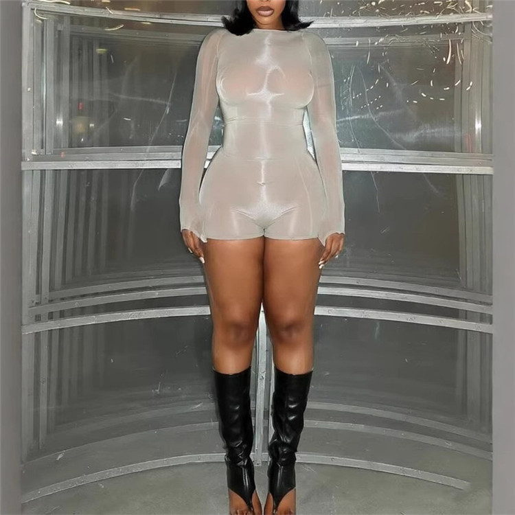 2026 Spring Summer Women Bodycon Jumpsuit Stretch Gloss Oil Shiny Bodysuit Night Playsuit Sexy See Through Mesh Rompers