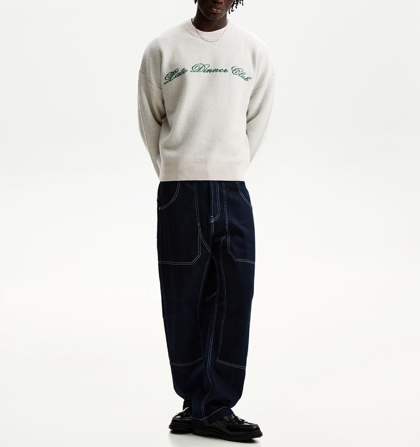 Custom Logo Casual Oversize Jacquard Letter Knit Top 100% Cotton Crew Neck Long-sleeve Jacquard Knit Sweater for Men