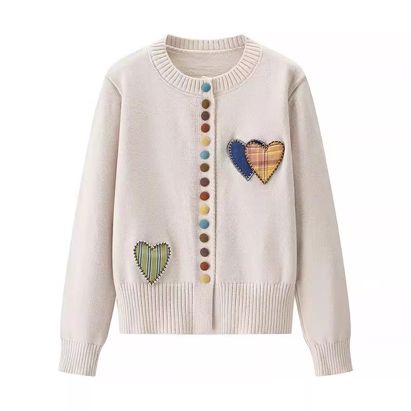 Plus Size Women's Knit Cardigan with Heart-Shaped Color Buttons Round Neck Loose Fit Sweater