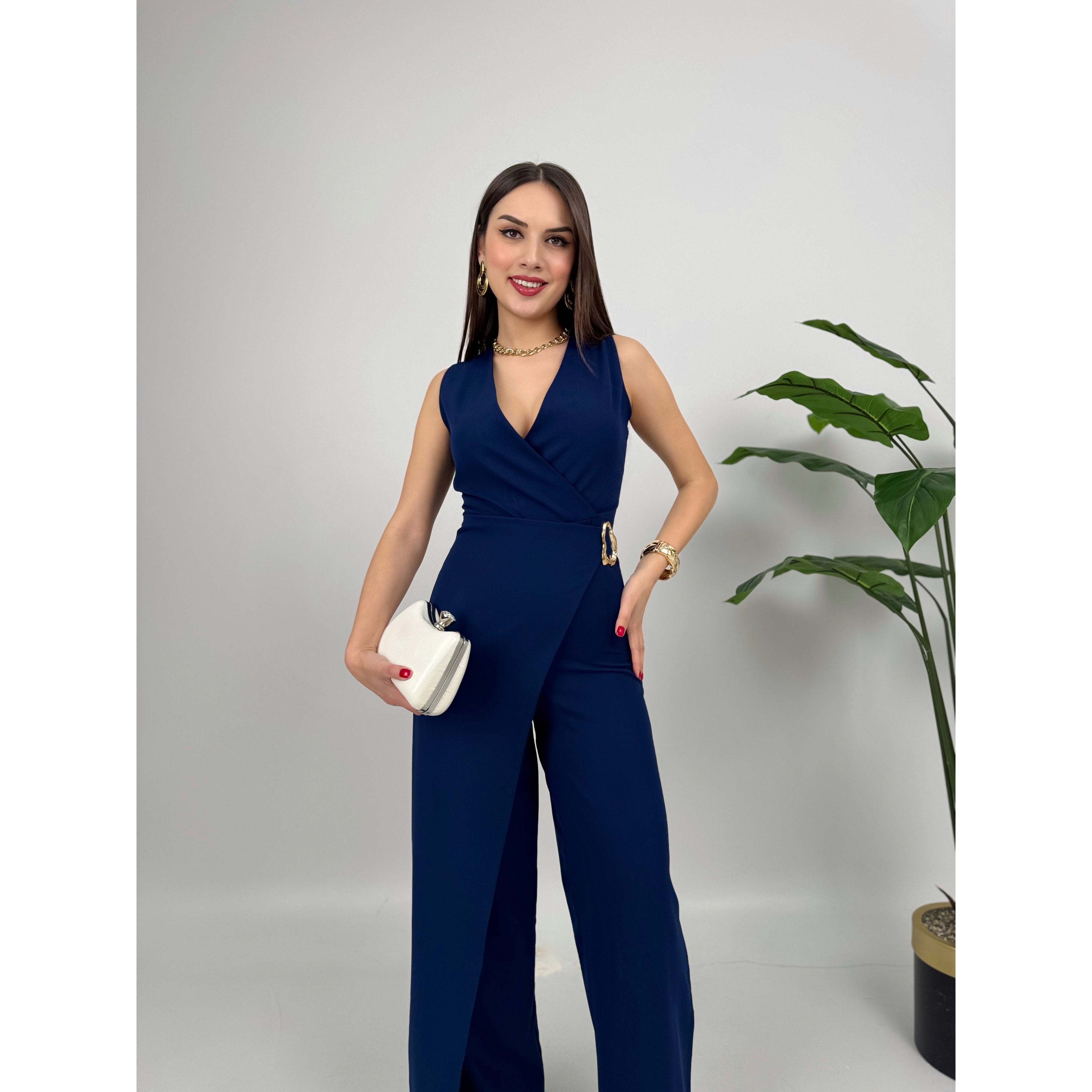 MissJANELL Women's 3019 Black Satin Jumpsuit with Waist Buckle Detail