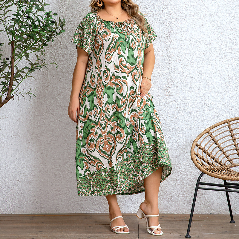 Full Print Women's Plus- Size Vacation Dress Short Sleeves Pleated Design Square Neck Loose Midi Skirt Beach Seaside Wear Casual